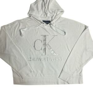 Calvin Klein Oversized Women's White Silver Logo Pullover Long Sleeve Cropped Ho